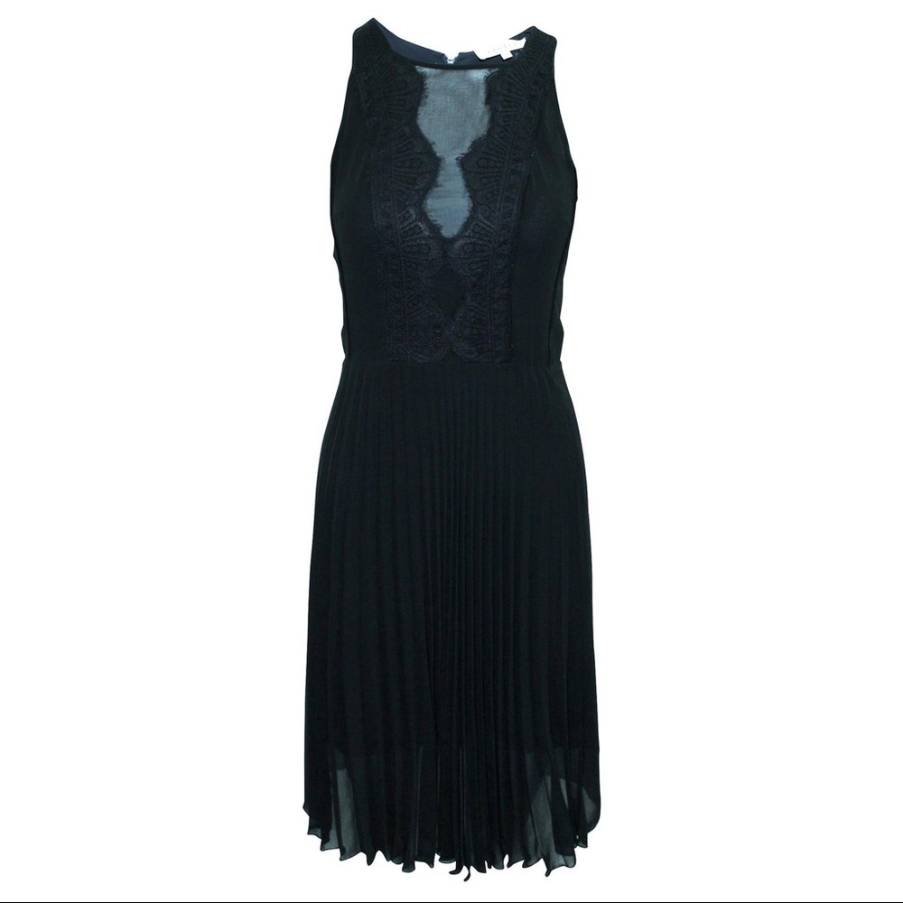 Pre-Owned Black Sandro Midi Pleated Dress with Lace Accent (Size S)